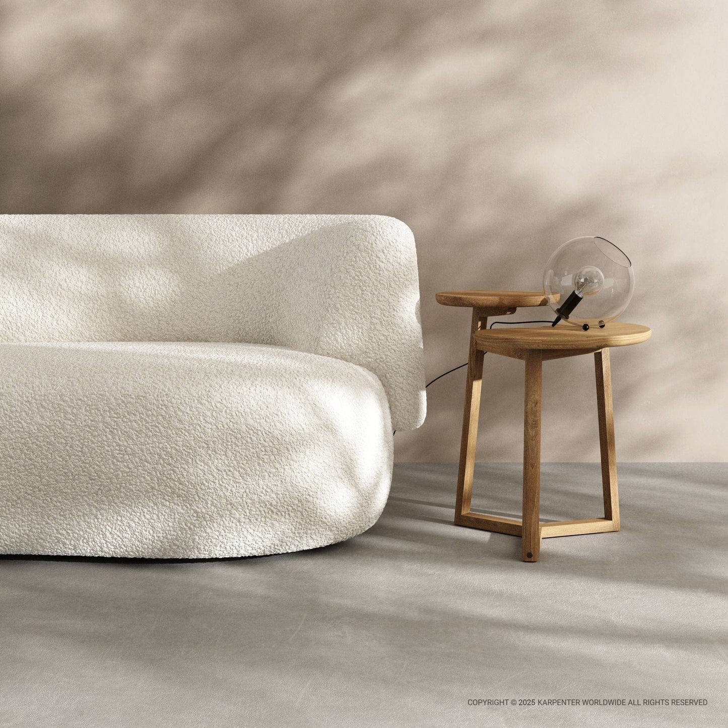 White sofa & wooden side table with lamp