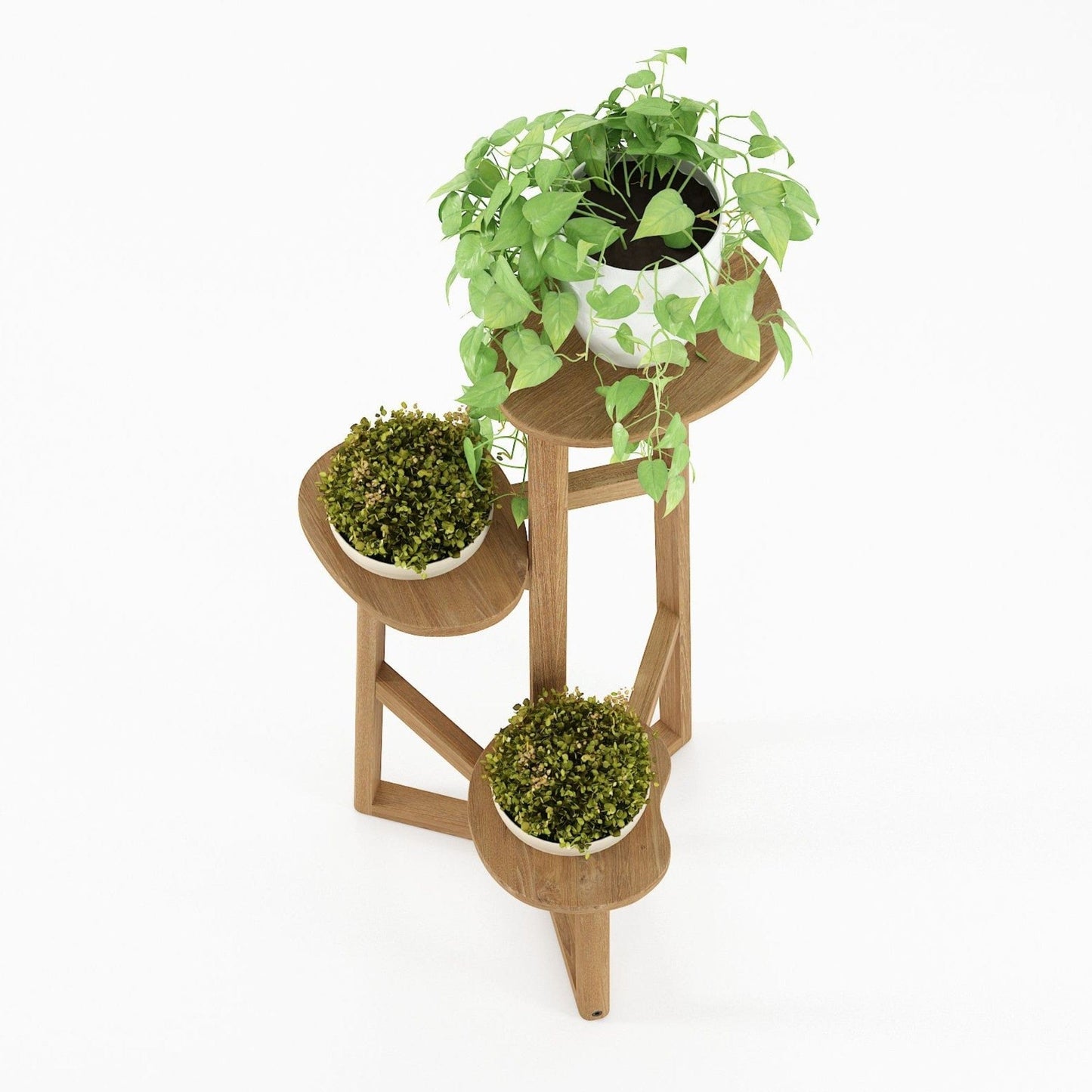 Wooden plant stand with three potted plants