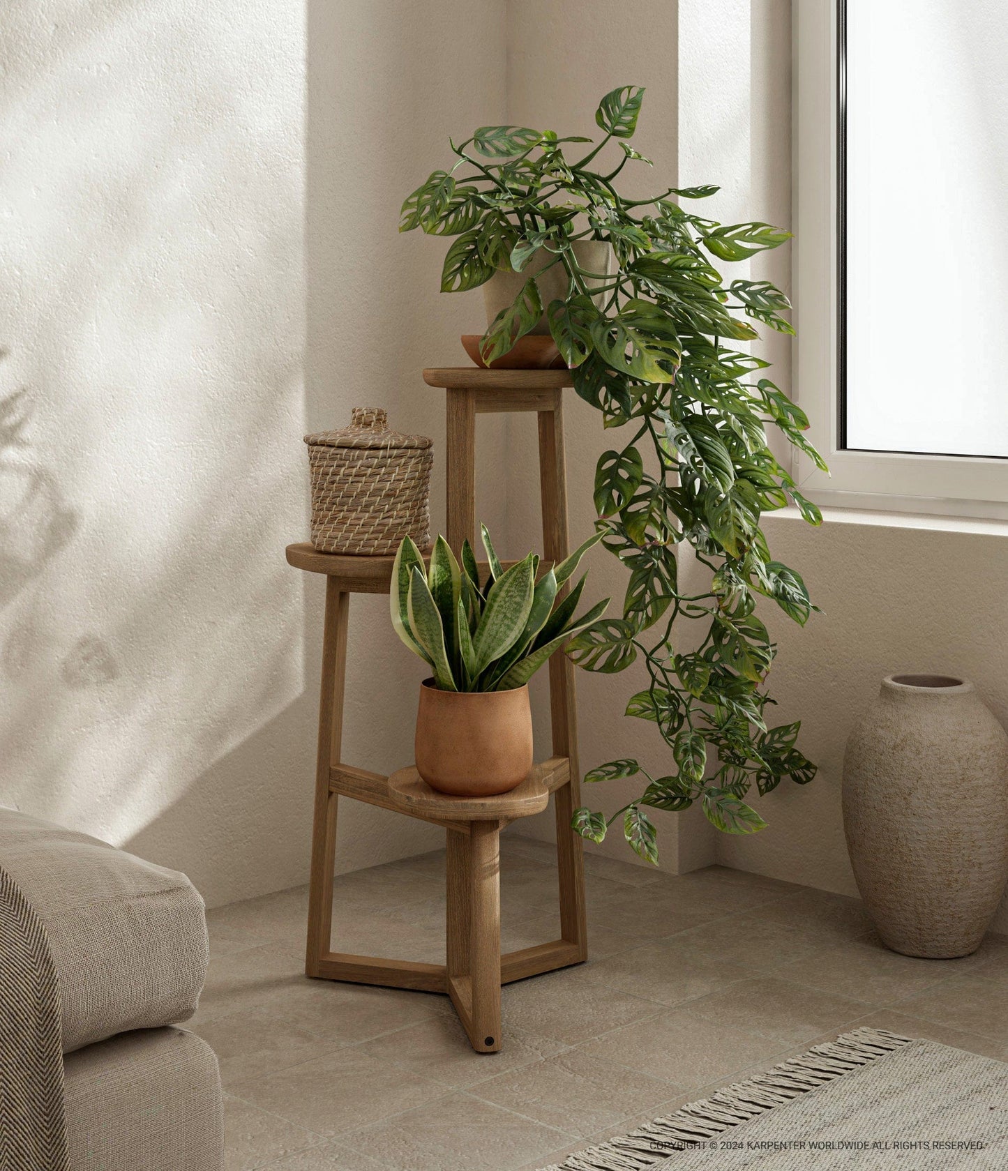 Wooden plant stand with greenery