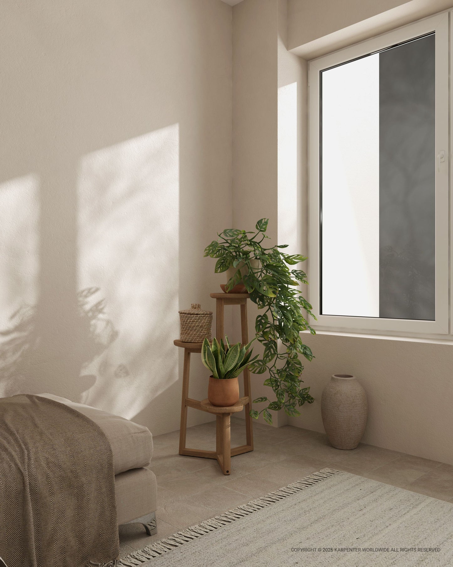 Interior scene with plants and natural light.