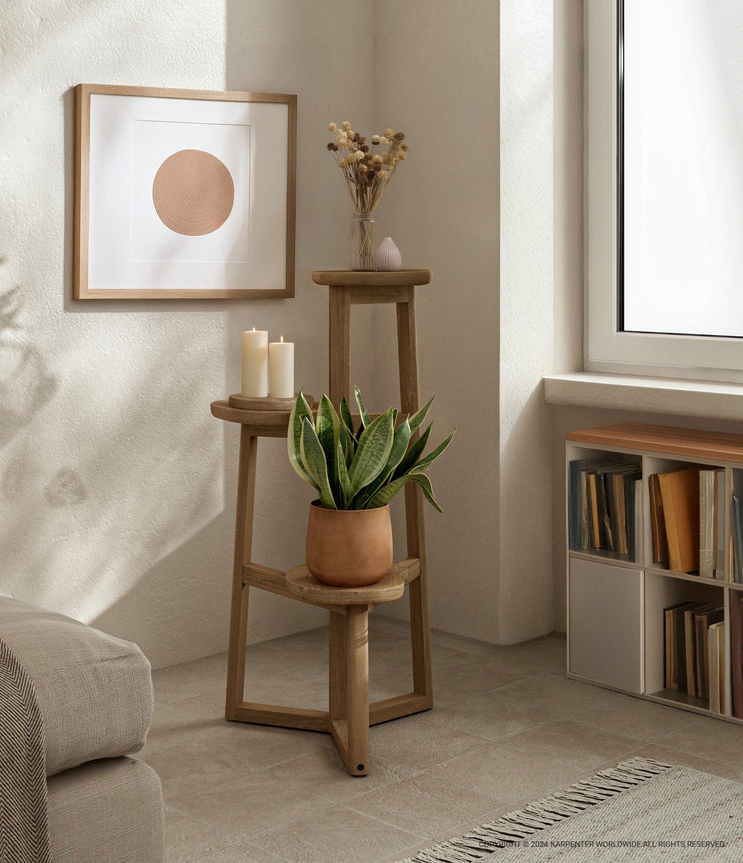 Wooden plant stand with art and snake plant