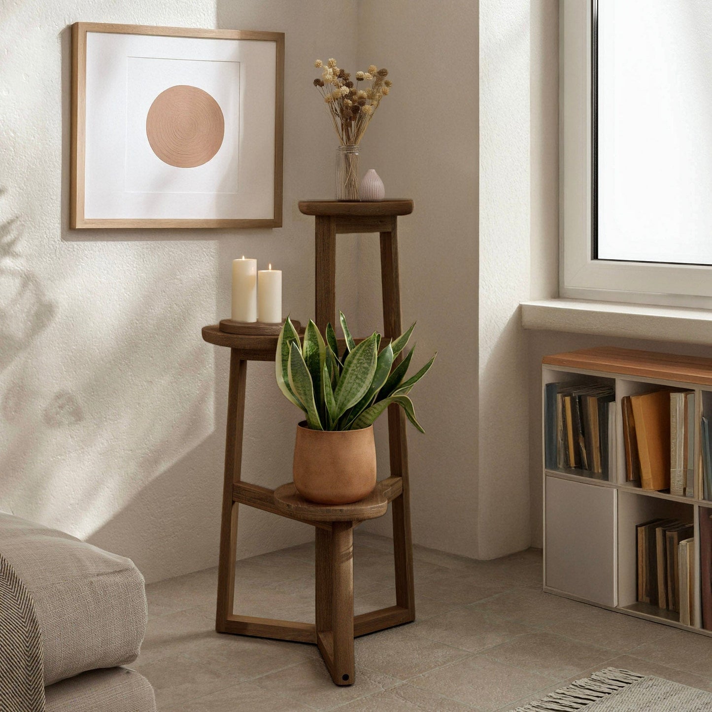 Wooden plant stand with framed art and window