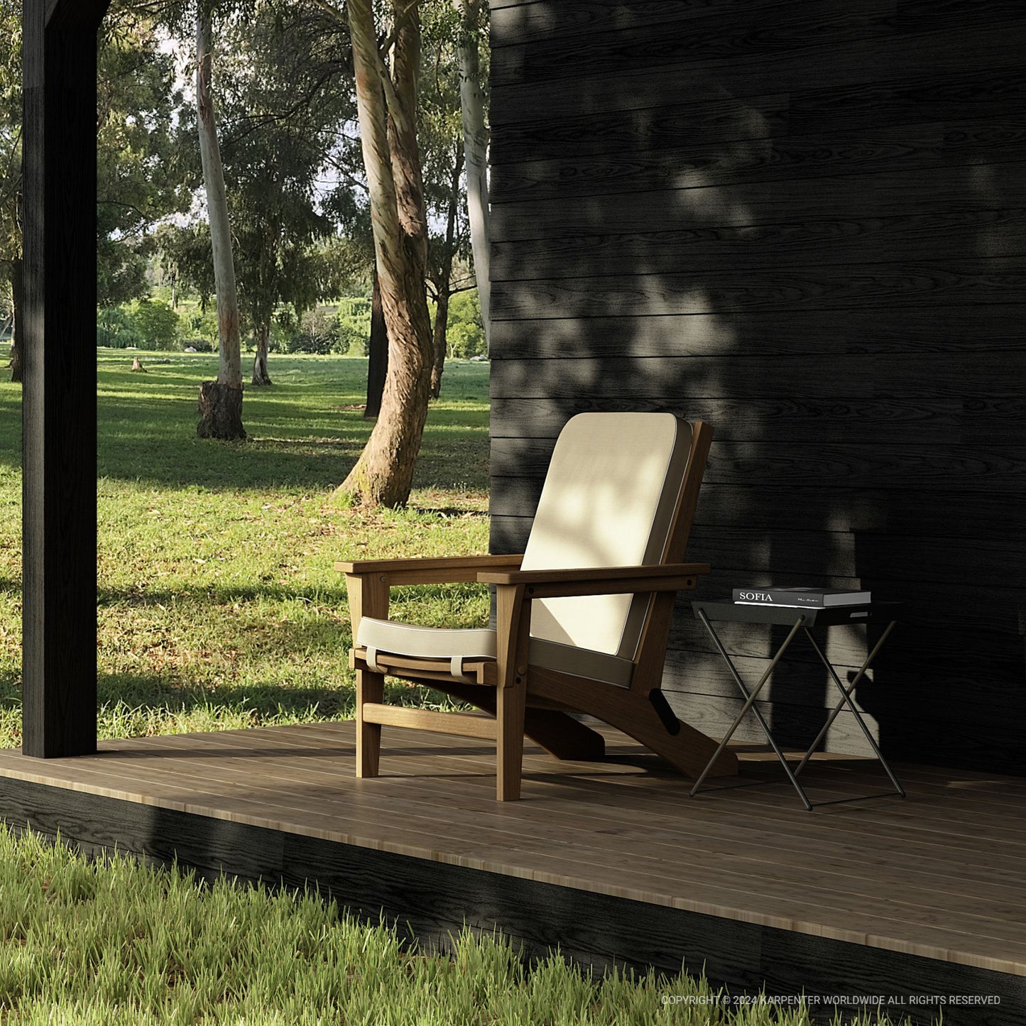 Outdoor chair on wooden deck with forest view