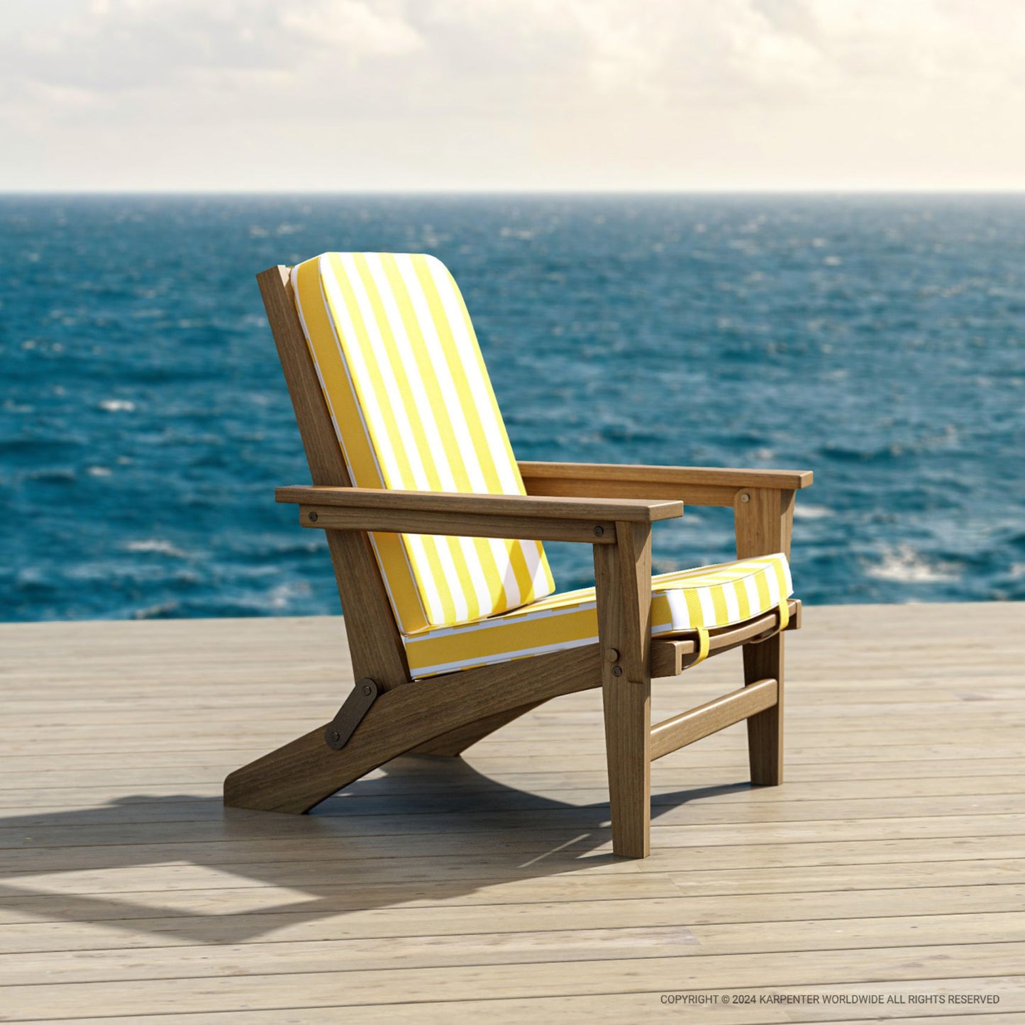 KMM01T-3 Adirondack chair with yellow striped cushions by the ocean.