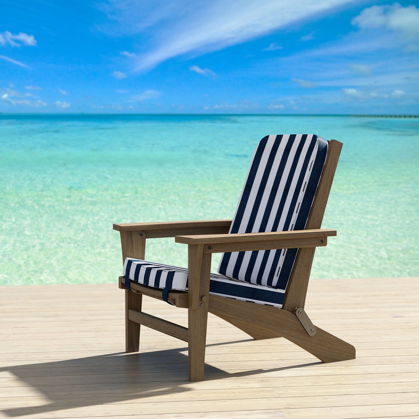 Adirondack chair with blue striped cushions on deck.