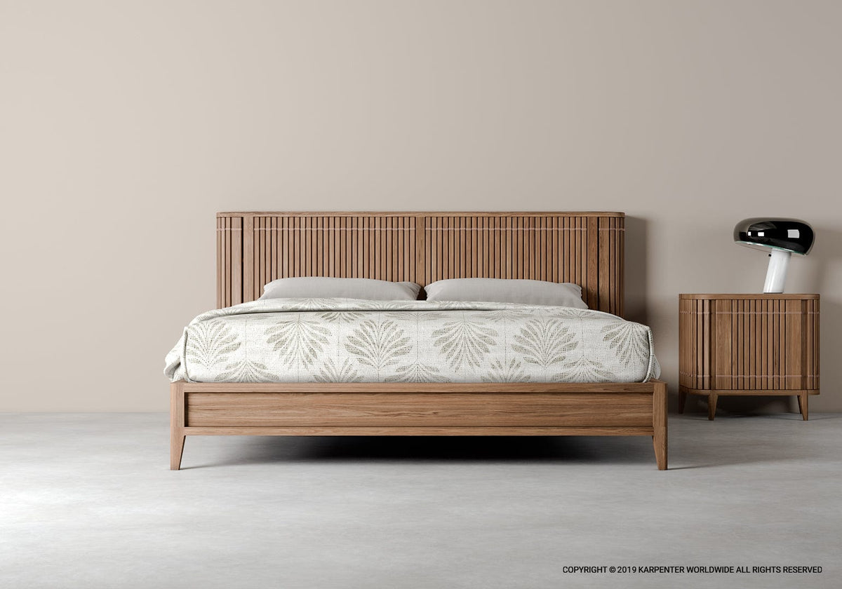 KOPPAR Bed with wooden headboard and nightstand