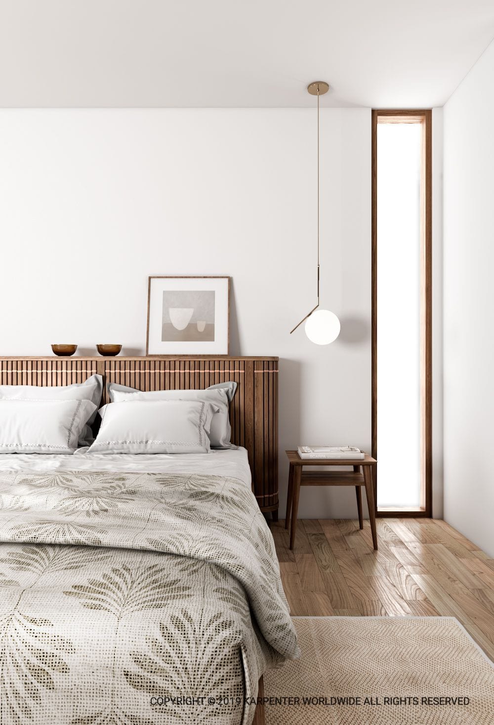 KOPPAR Bedd - modern bedroom with wooden headboard, light fixture & bed