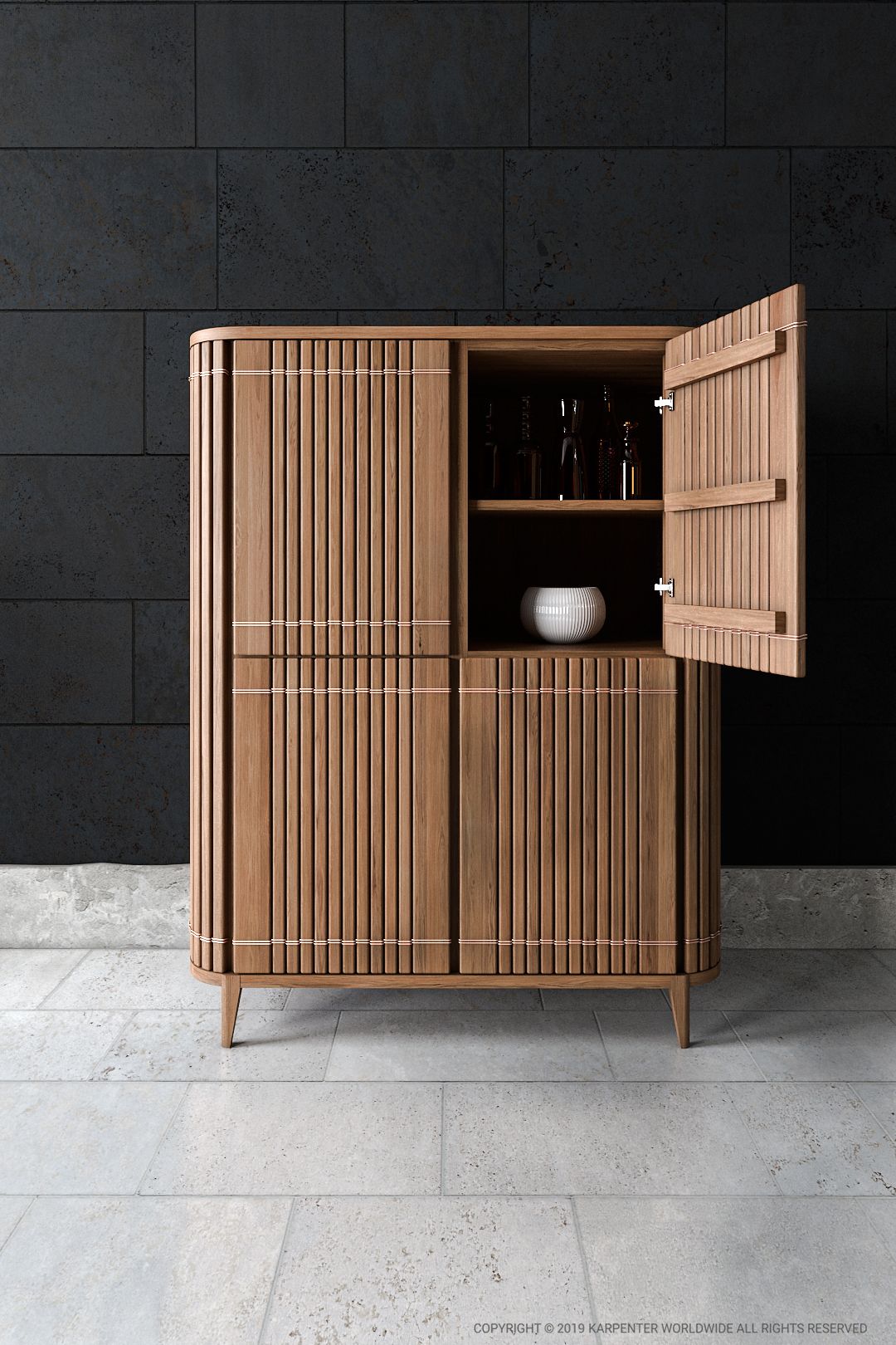 KOPPAR cupboard with open door, showing interior shelf and bottles.