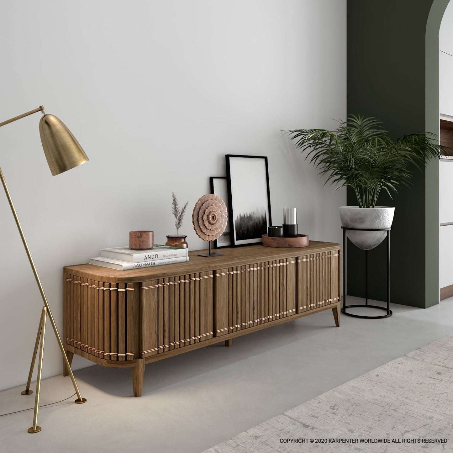 KOPPAR media cabinet with decor and plants