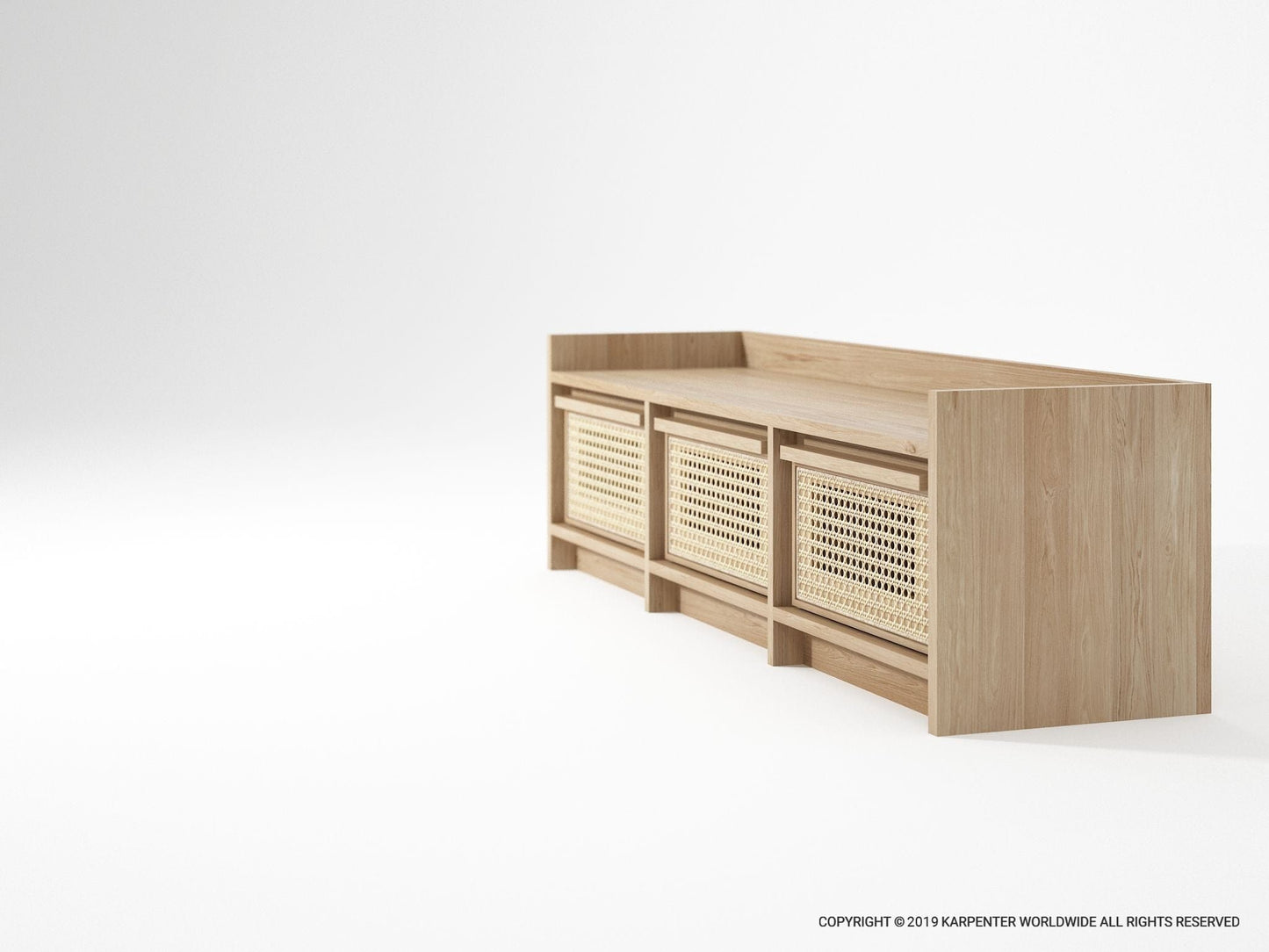 Wooden storage bench with woven baskets