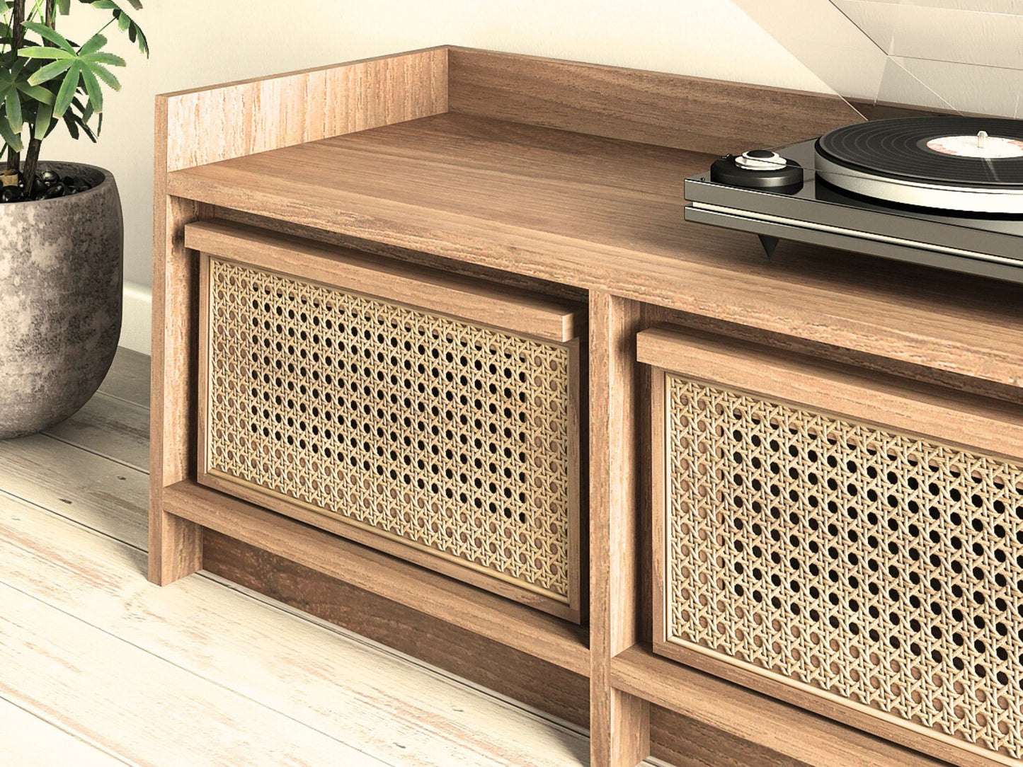 Wooden cabinet with woven doors and record player