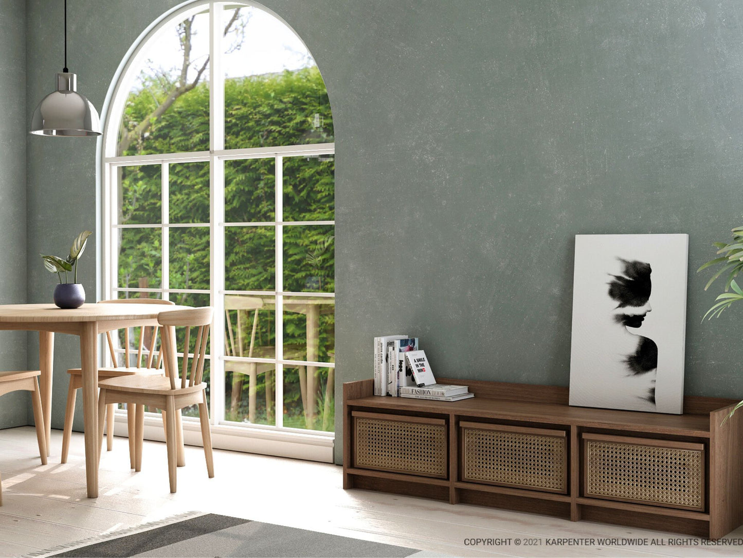 Interior dining room with wood furniture and large window.