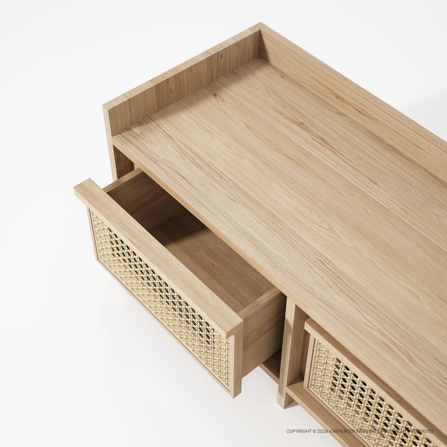Wooden media console with rattan drawer detail