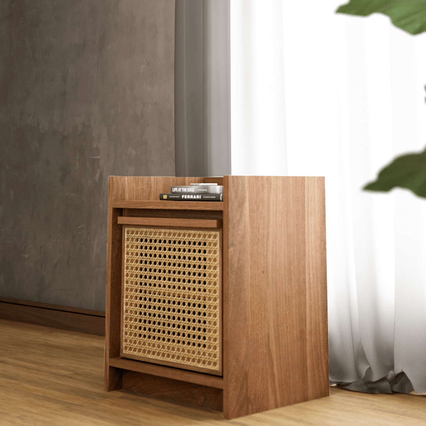 KRT007O Close-up of wooden cabinet with rattan door