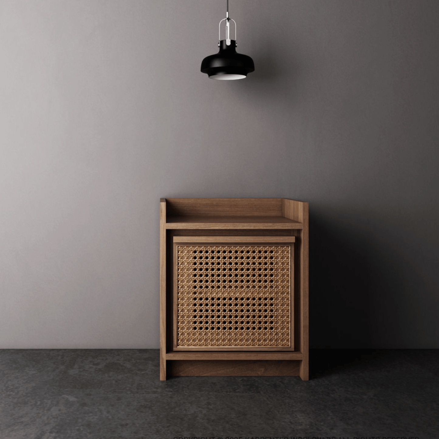 Wooden cabinet with woven door under pendant light