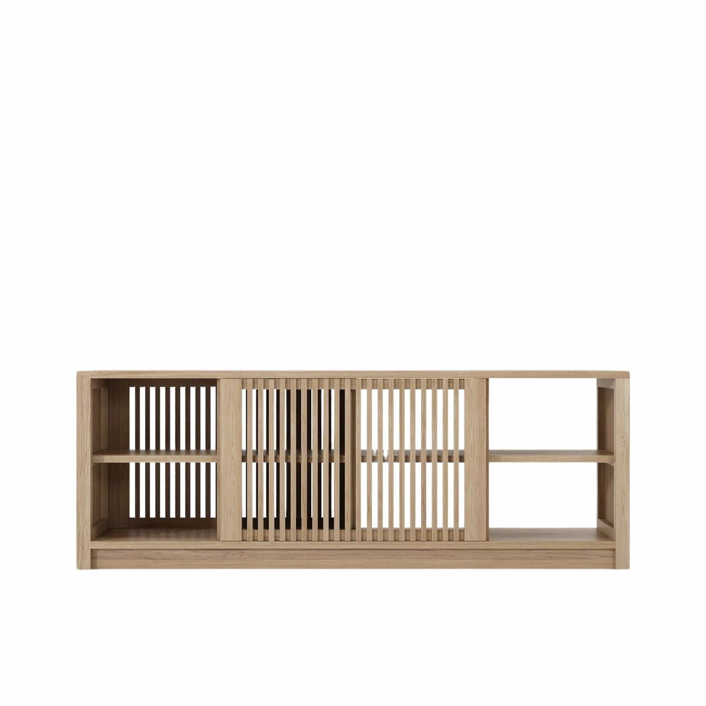 Wooden cabinet with sliding doors and shelves
