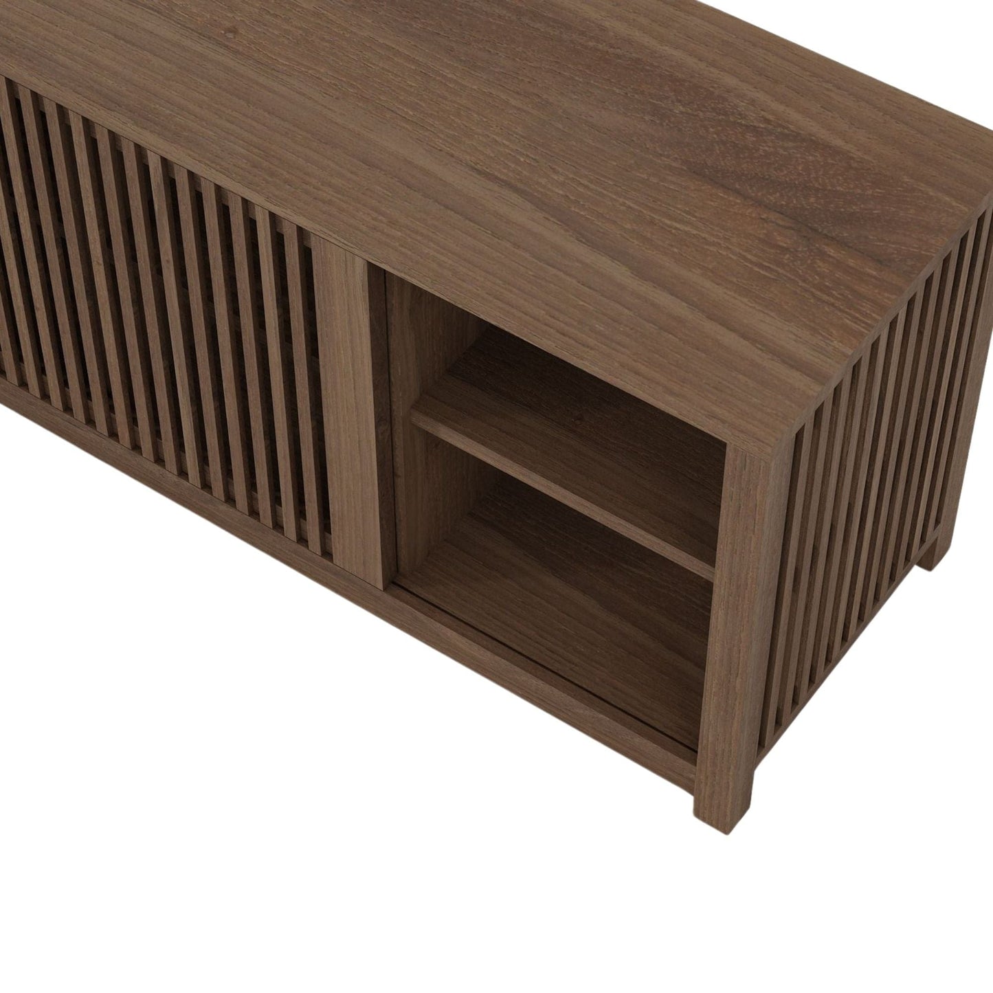 Brown wooden cabinet with open shelf and slatted door