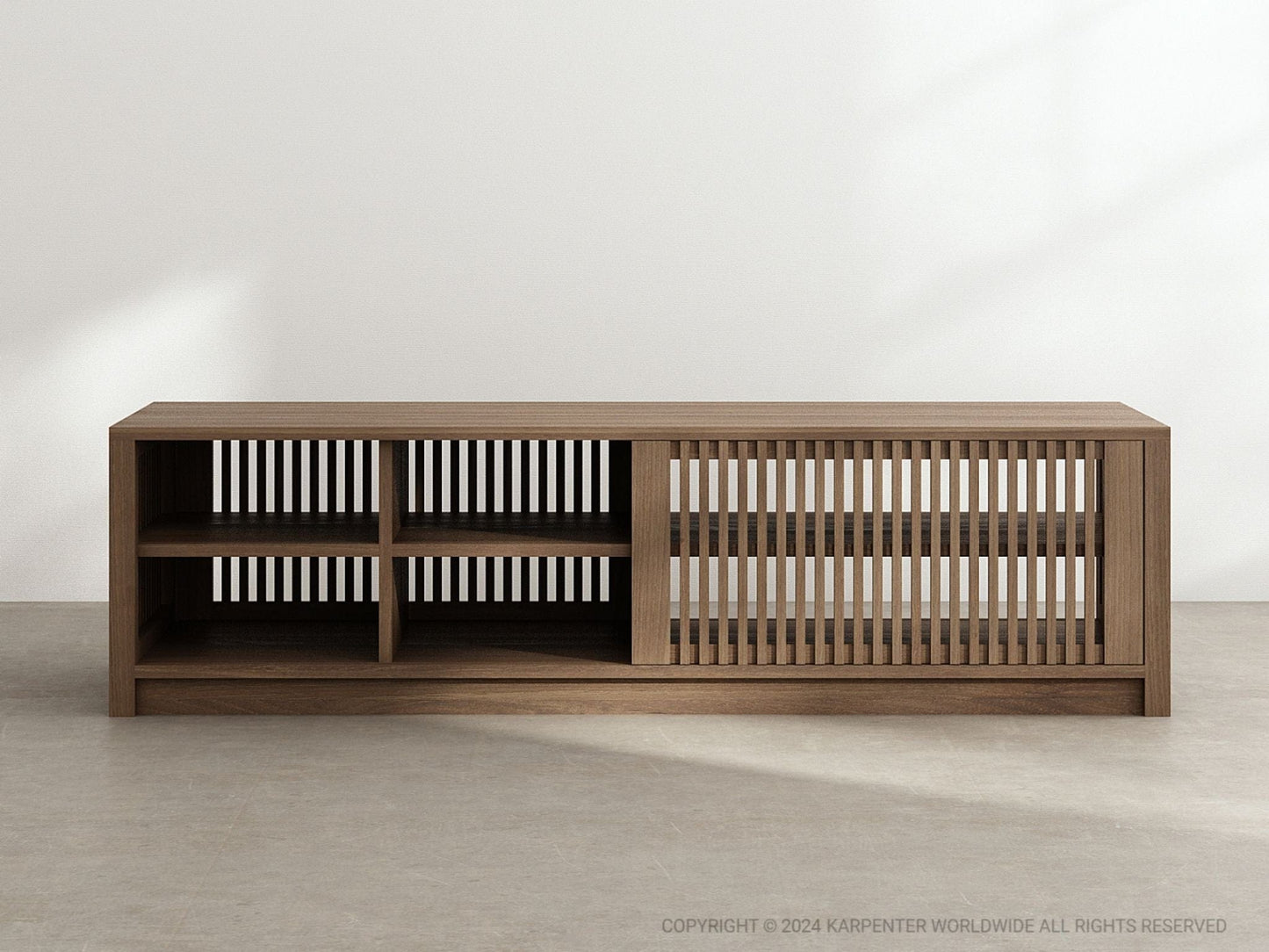 Wooden media console with slatted door and shelves