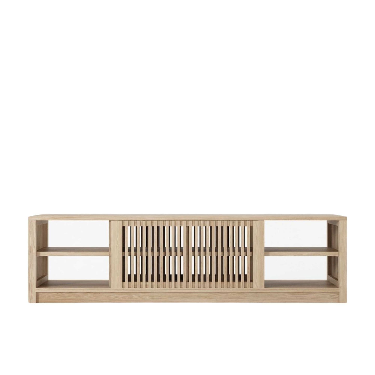 KRY02O_3 wooden media console with slatted doors and shelves