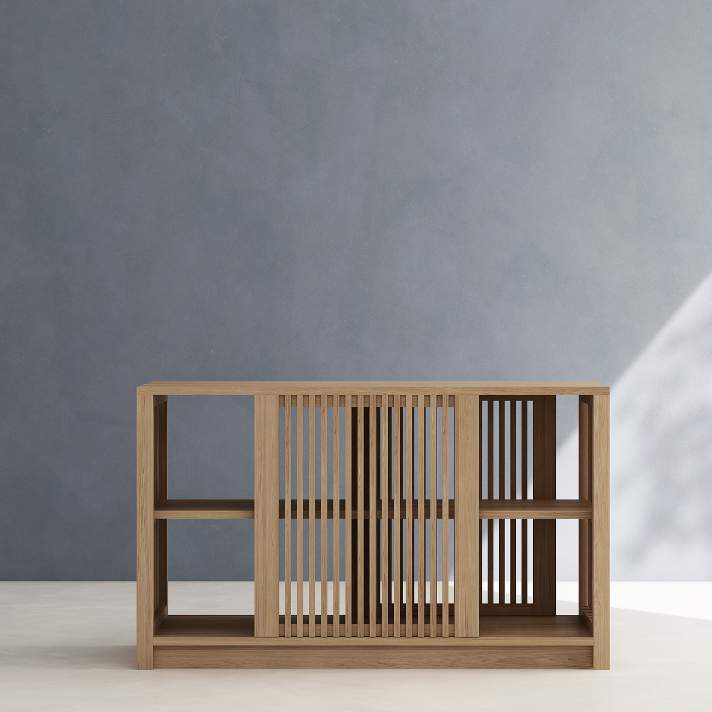 Wooden cabinet with sliding doors and shelving