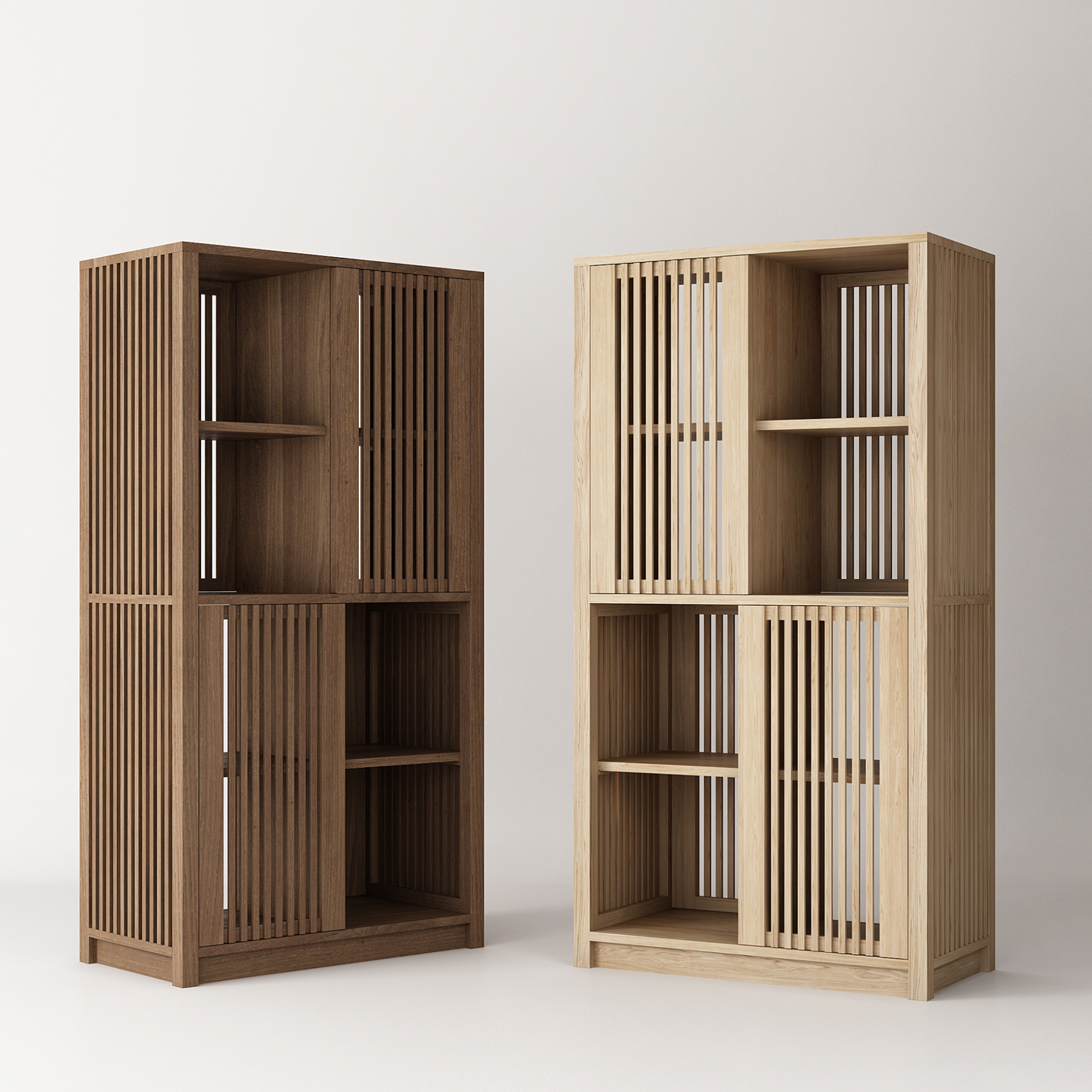 Modern wooden bookcase with slat doors