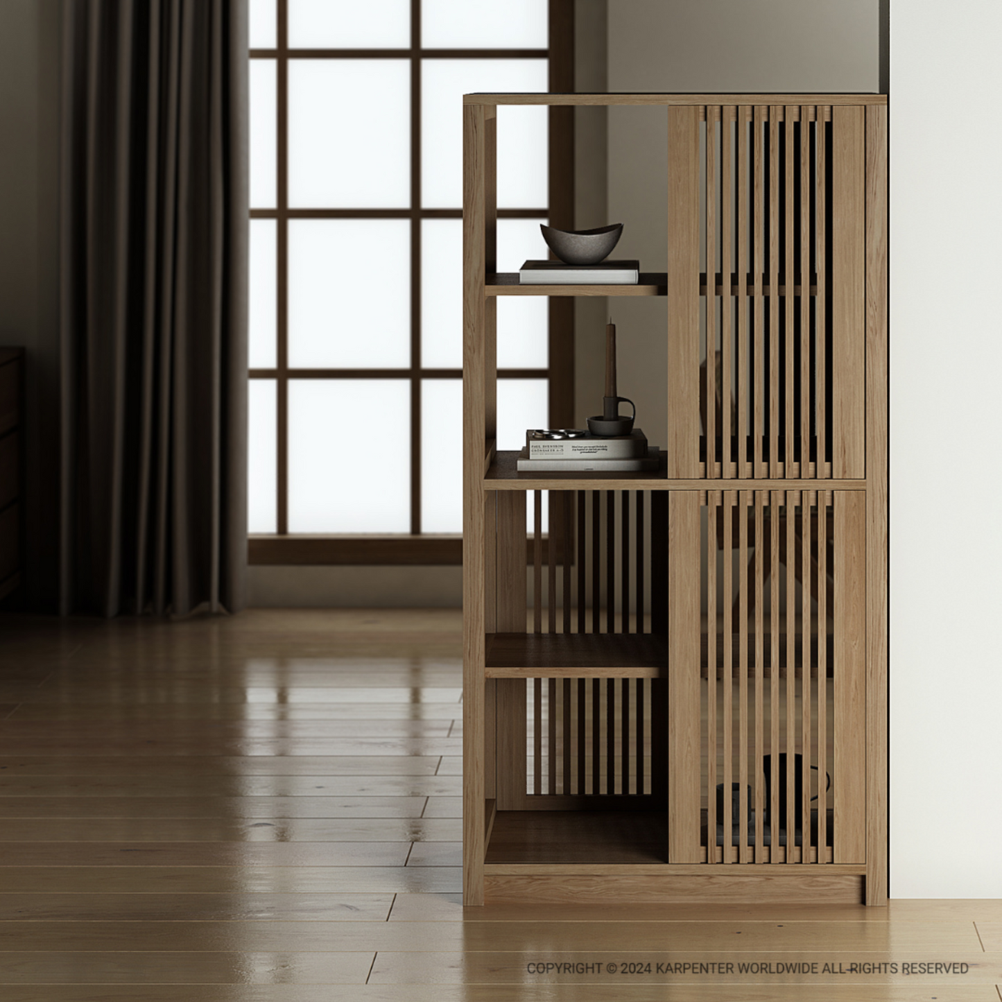 Wooden cabinet with vertical slats, books, and decor.