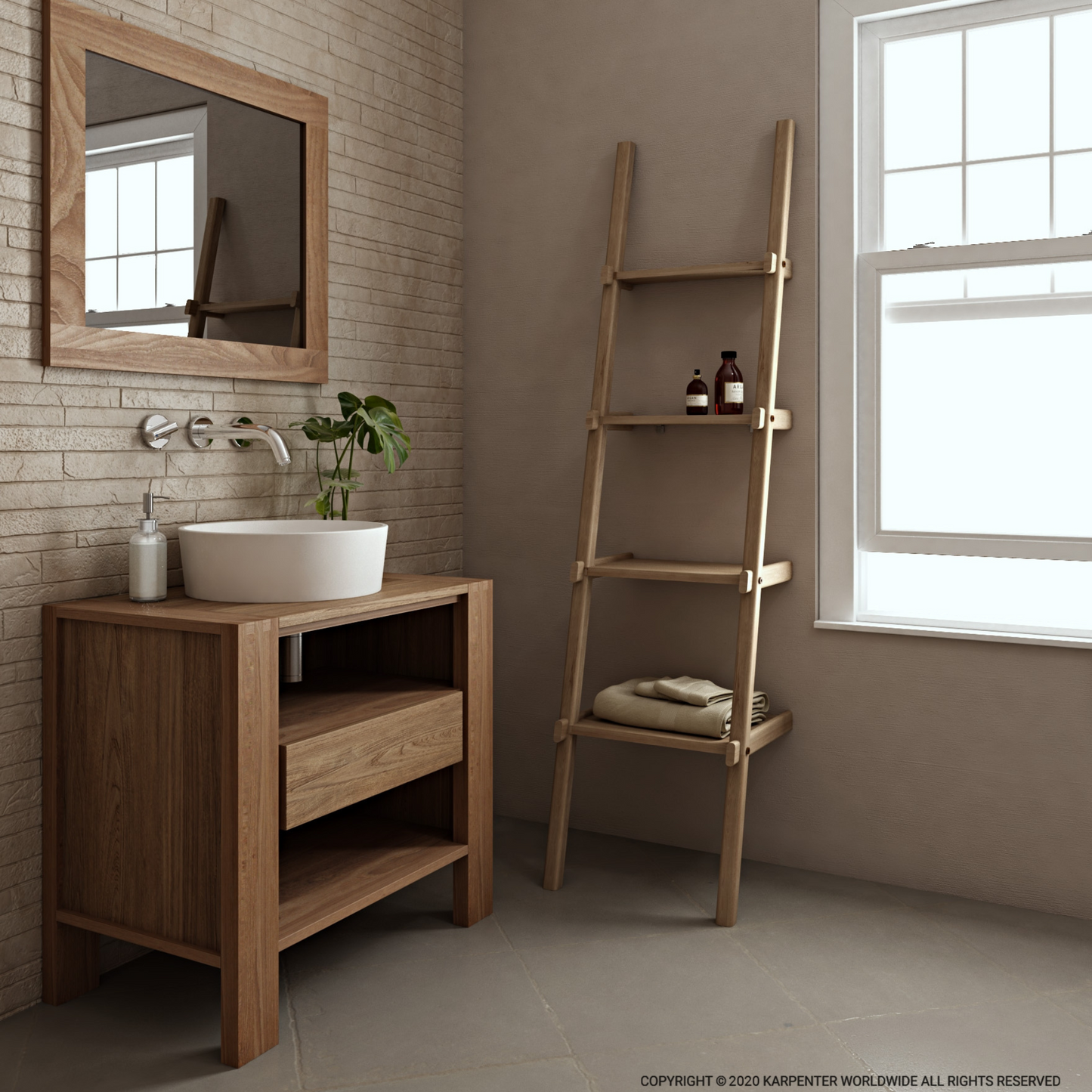Bathroom interior with wooden vanity, mirror, and ladder shelf