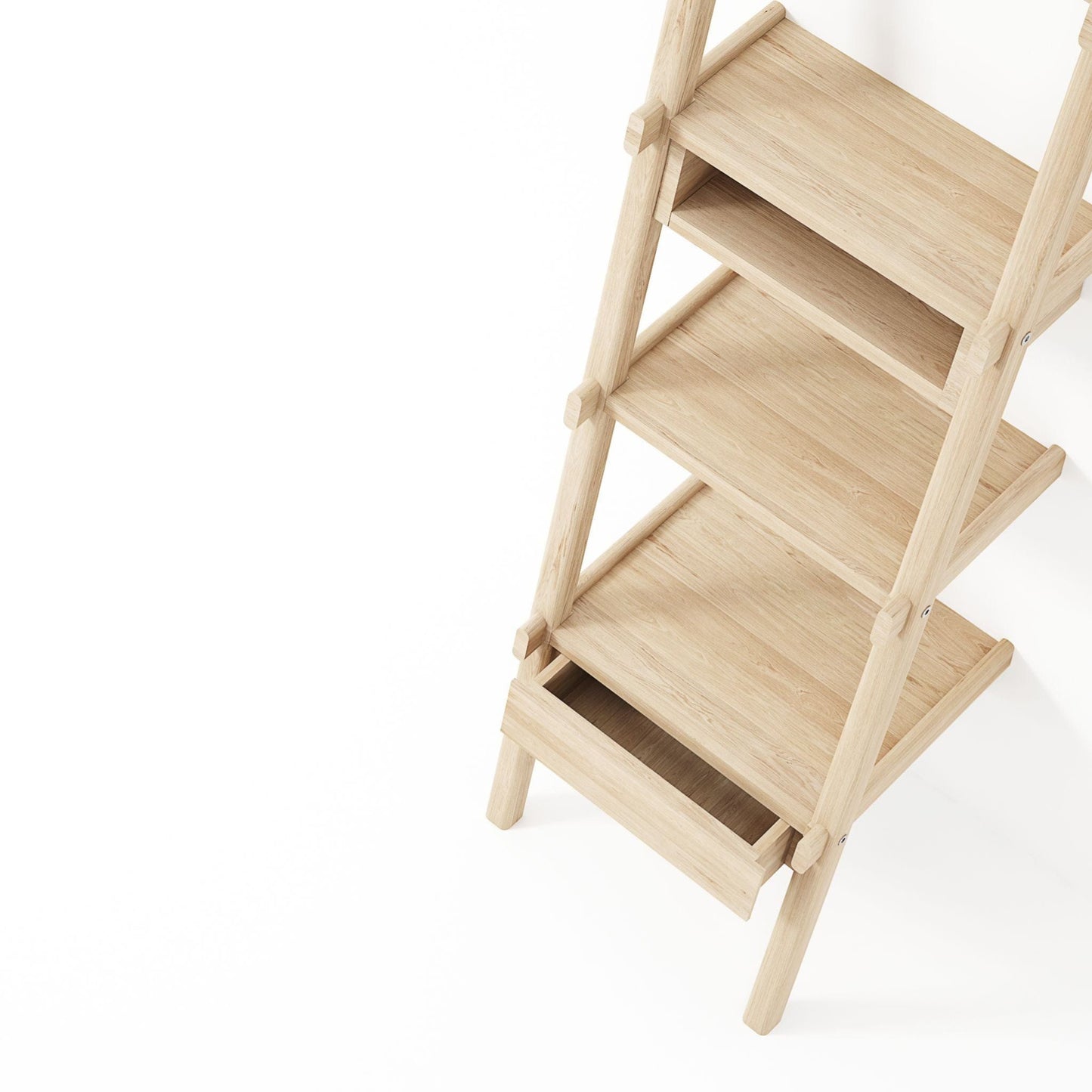 Wooden leaning shelf with drawer