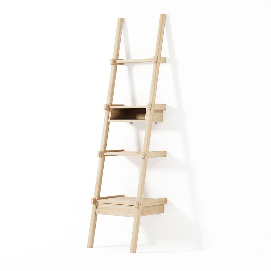 Wooden ladder shelf with storage against white wall.