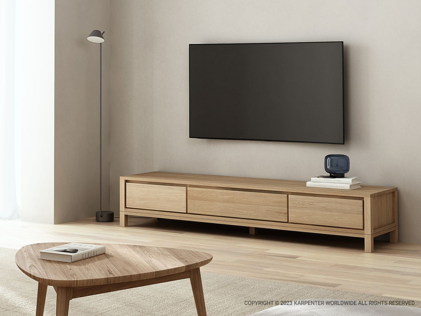 Modern TV console and mounted television.