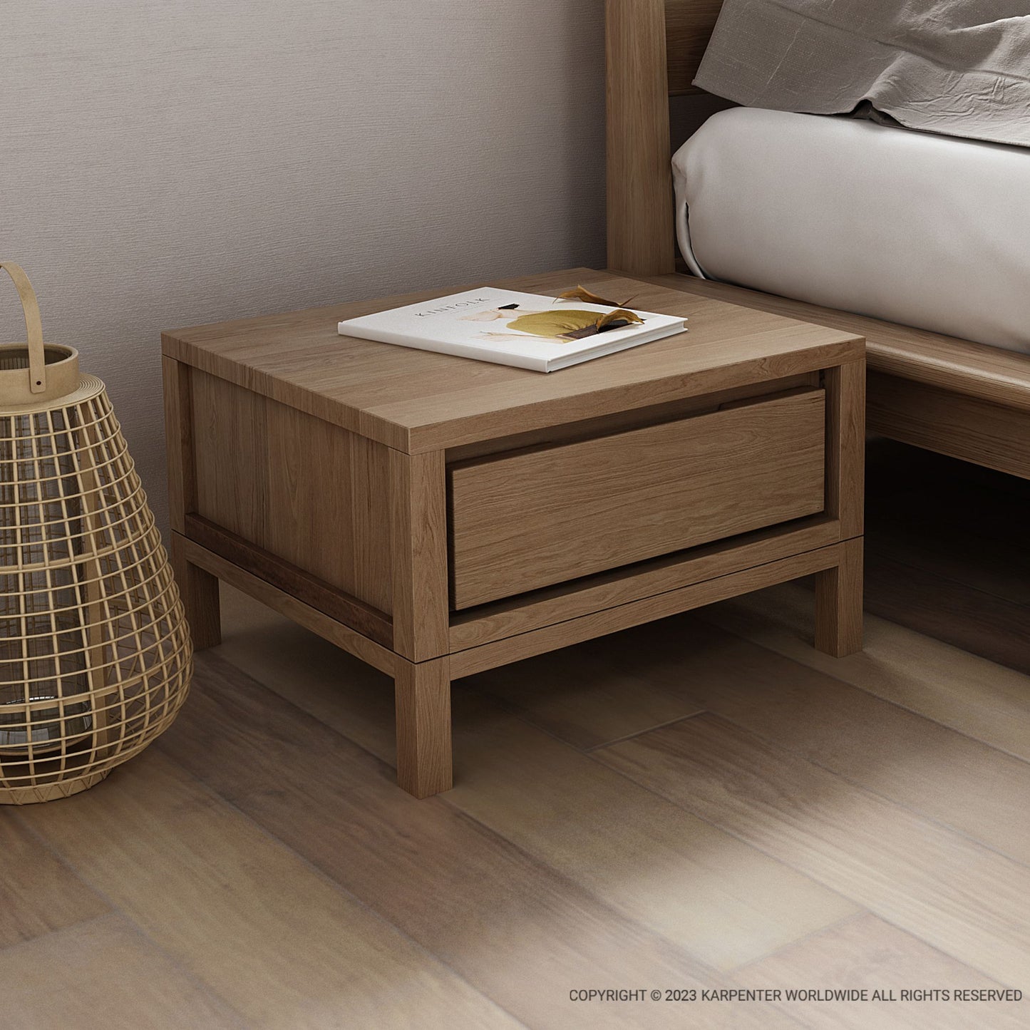Wooden nightstand with drawer and book
