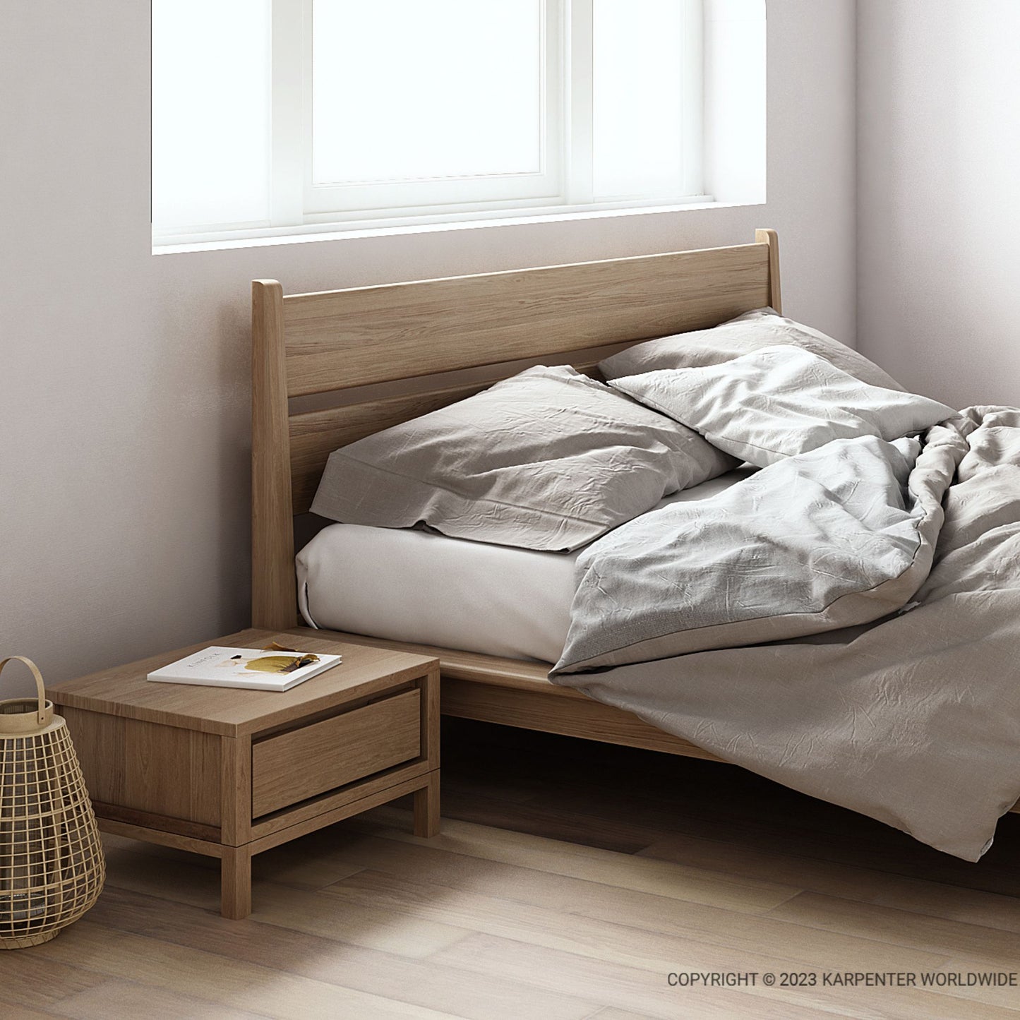 KSD012O wooden bed frame with nightstand and bedding