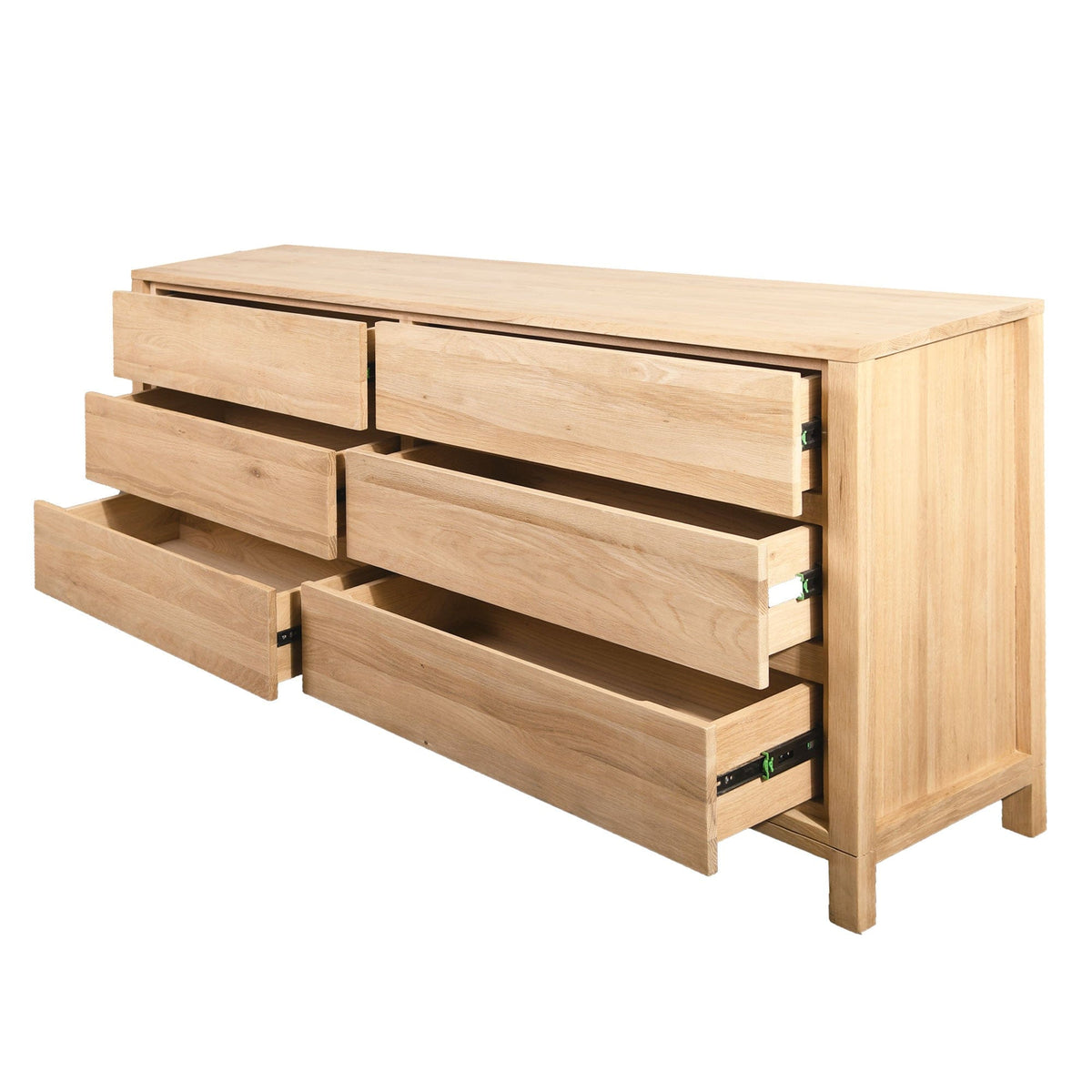 Wooden dresser with partially open drawers