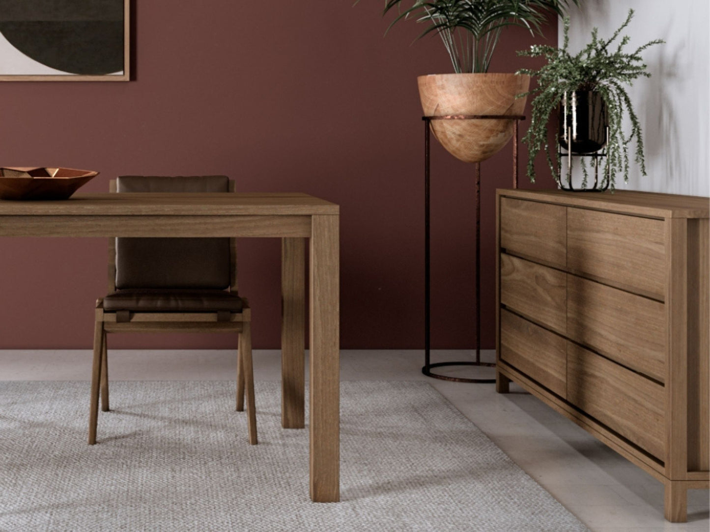 KSD014T wooden dining set with plants and sideboard