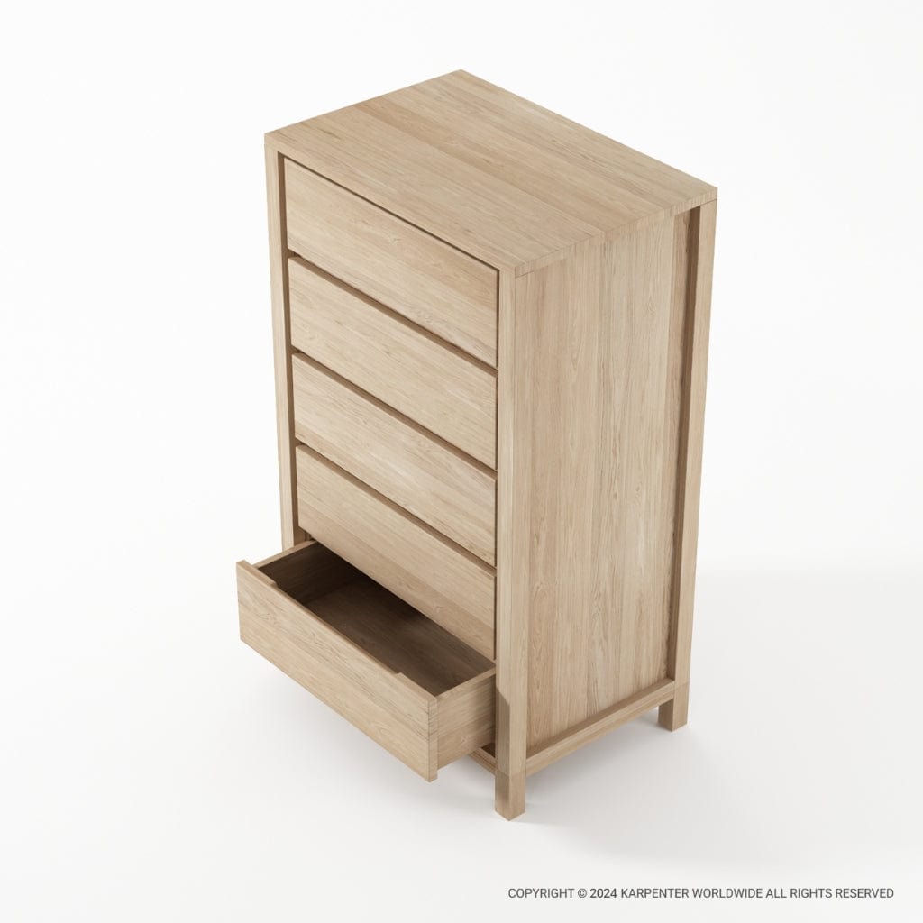 Tall wooden dresser with one drawer open