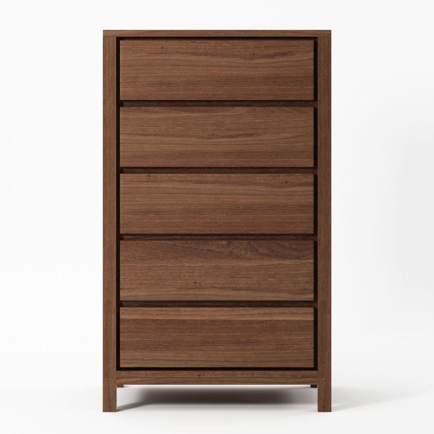 Tall wooden dresser with five drawers.