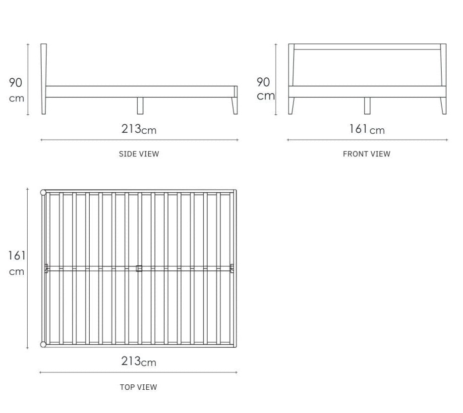 Vintage Queen Bed Dimensions - Side, Front, and Top Views