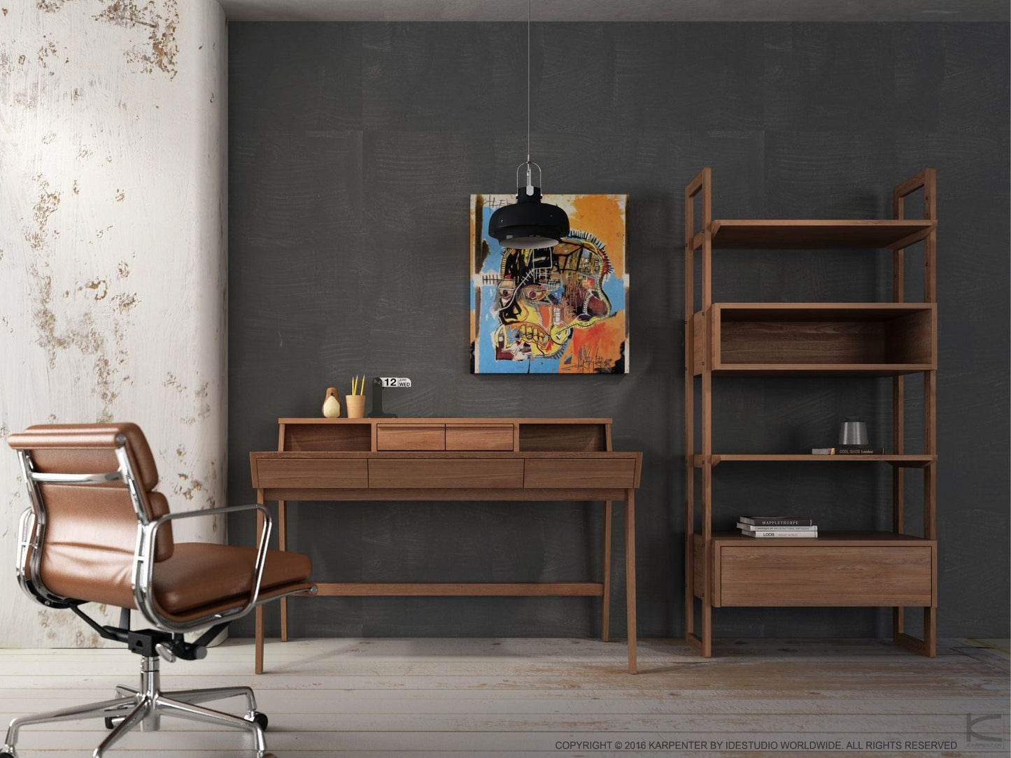 Modern home office with desk, chair, and bookshelf.