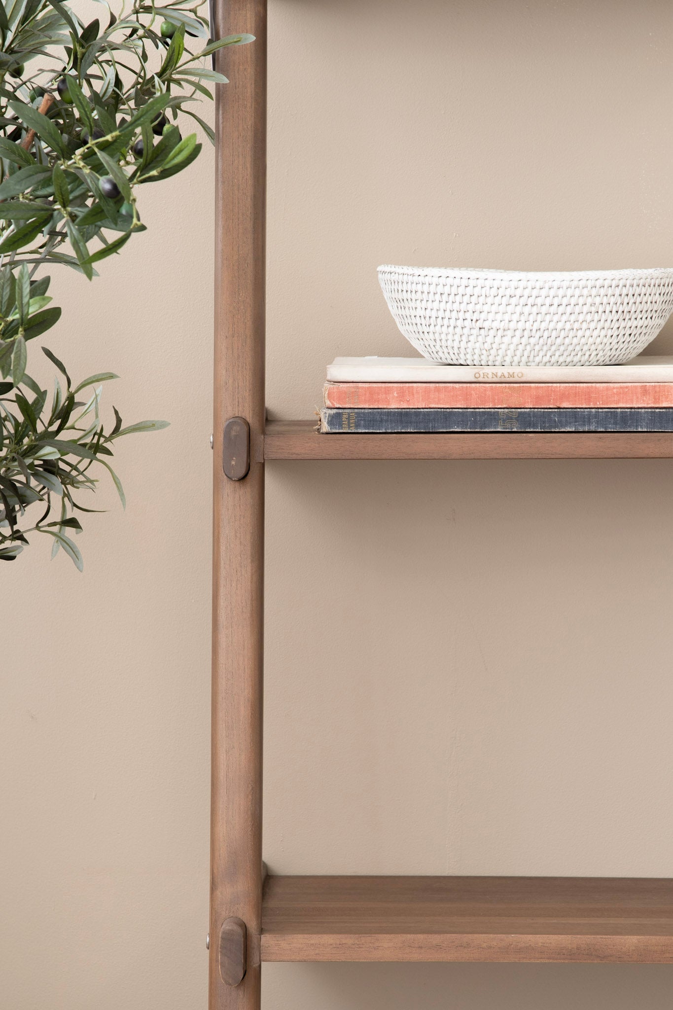 Wooden shelf with books and bowl