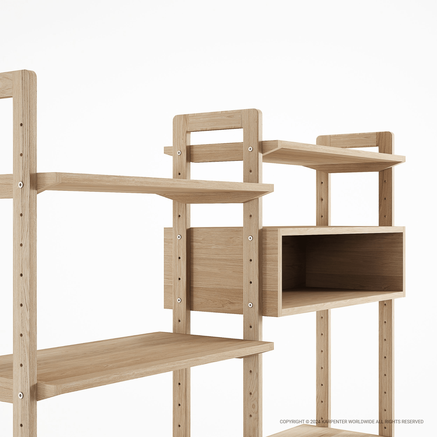 KSO003O close-up of modern wooden shelving unit