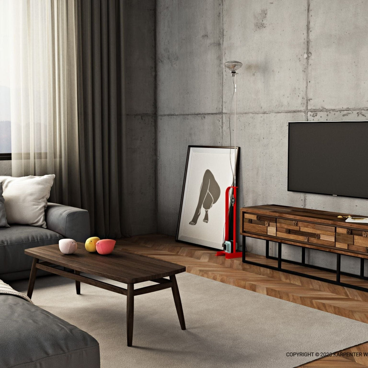 KT008T modern living room with concrete wall, TV, & wooden console.