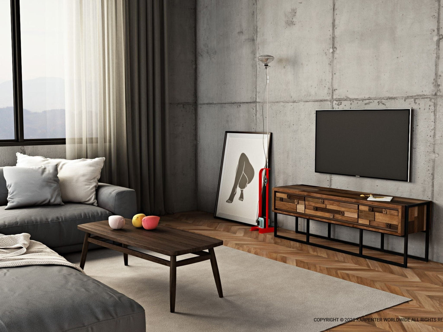 KT008T modern living room with concrete wall, TV, & wooden console.