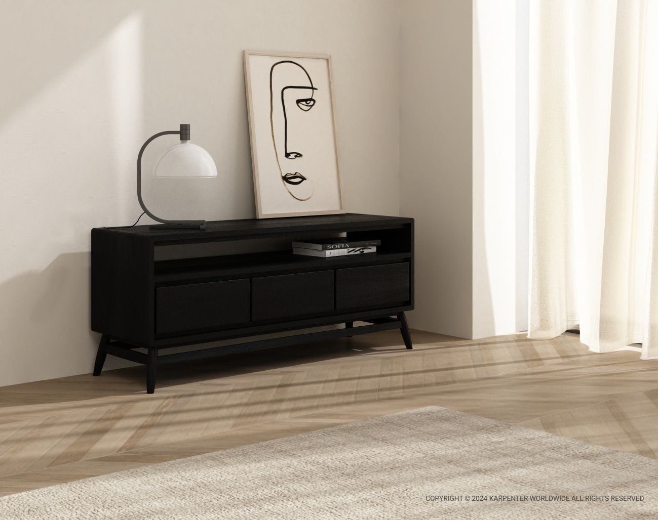 KT025SB black TV stand in modern lifestyle setting