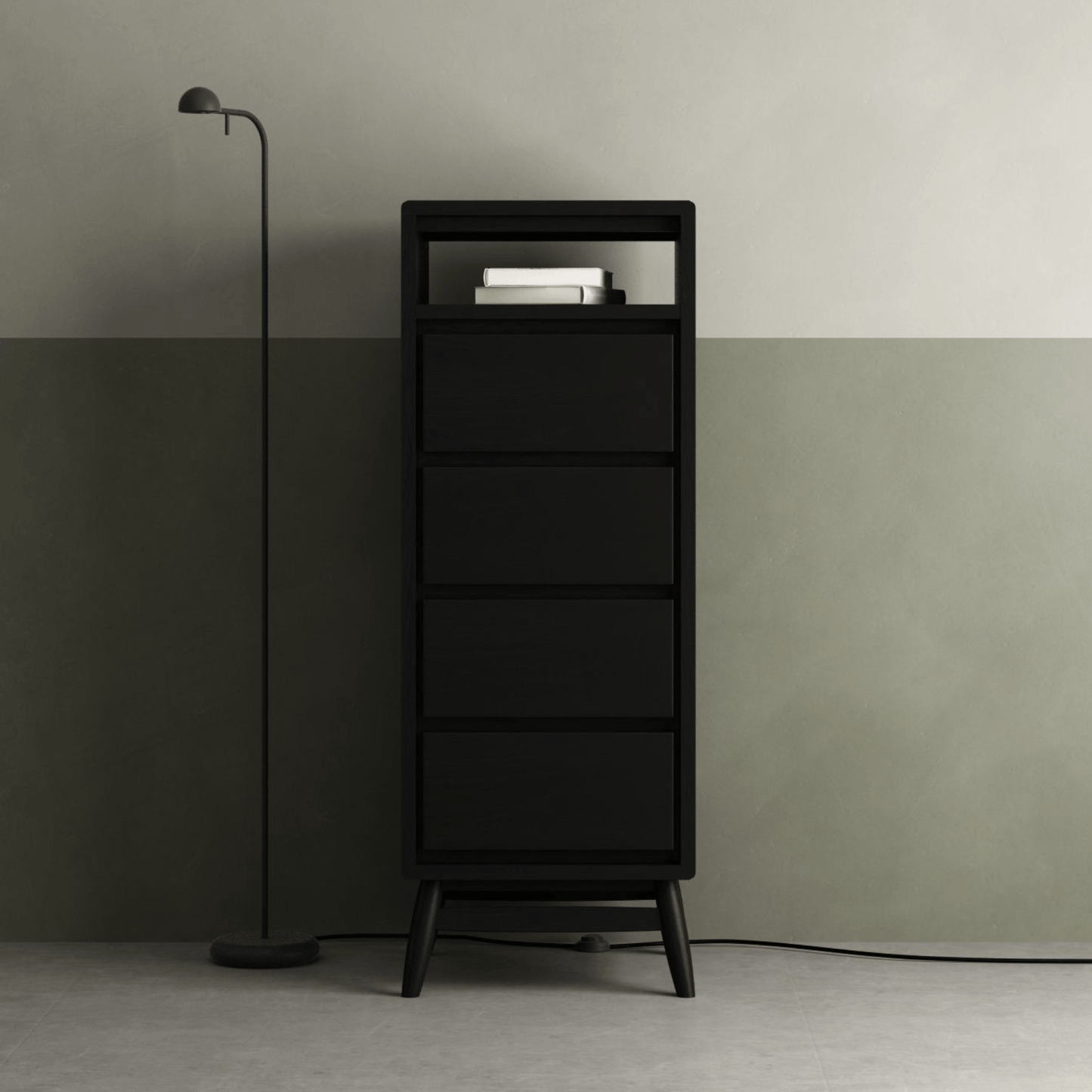Black KT028SB tall cabinet with lifestyle decor