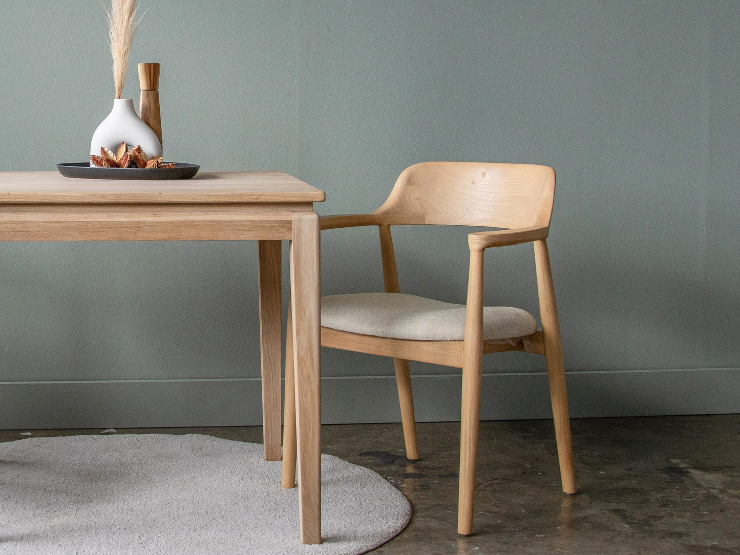 Wooden dining chair with table, neutral tones