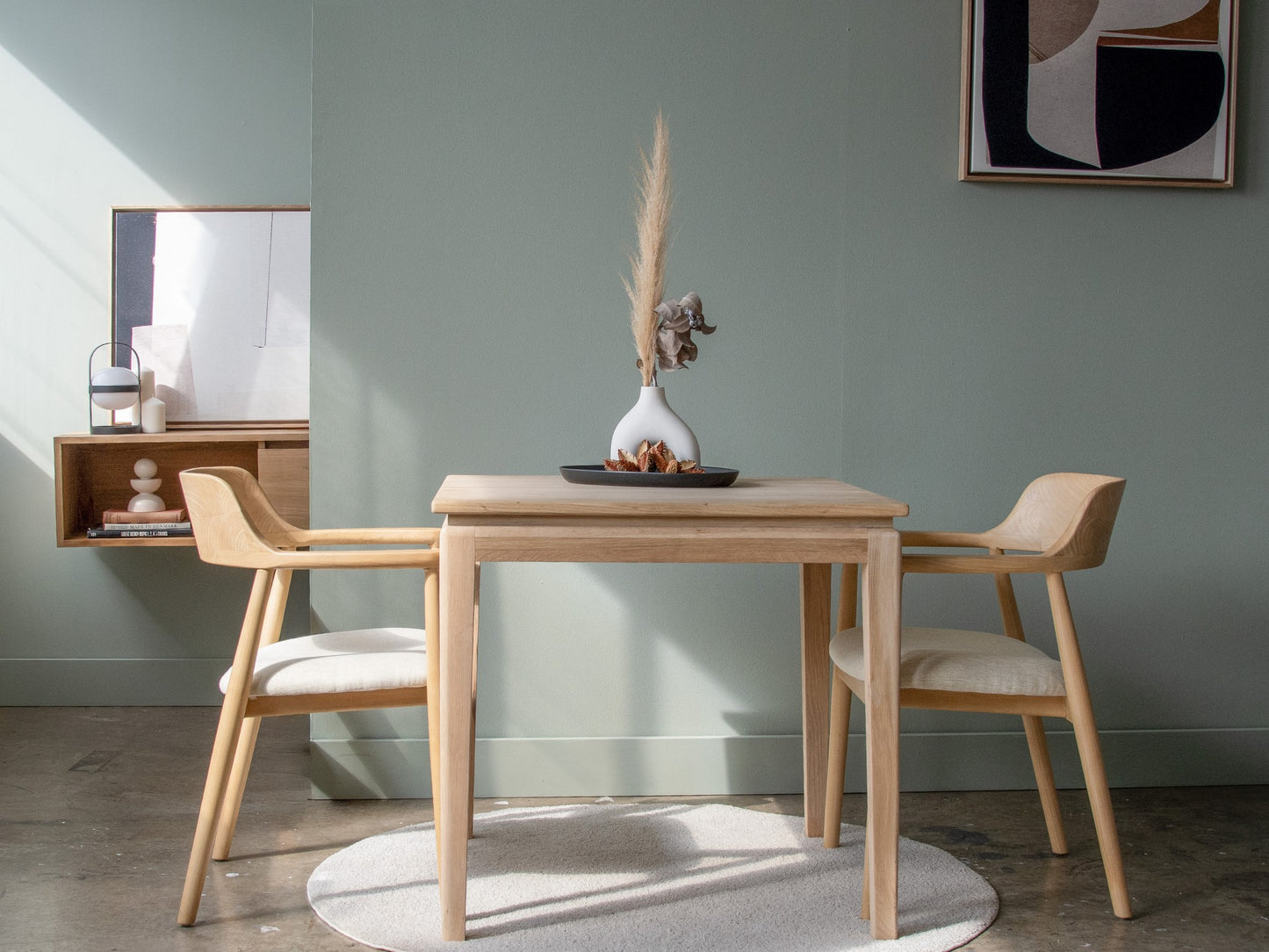 Wooden table and chairs in a modern dining room.