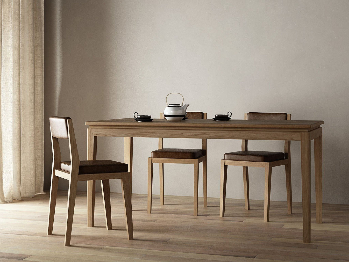 Wooden dining table with chairs and tea set