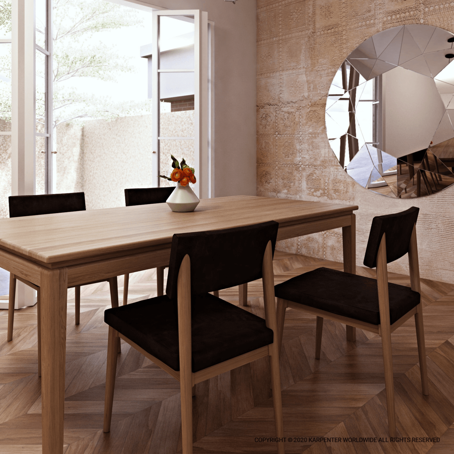 KTT007O-INSITU dining room with table, chairs, and decorative mirror.