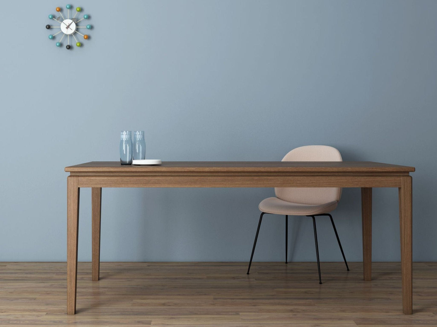 Wooden table, chair, clock, & glasses.