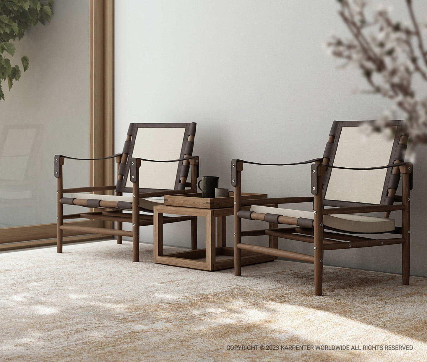 Two modern outdoor chairs with small table